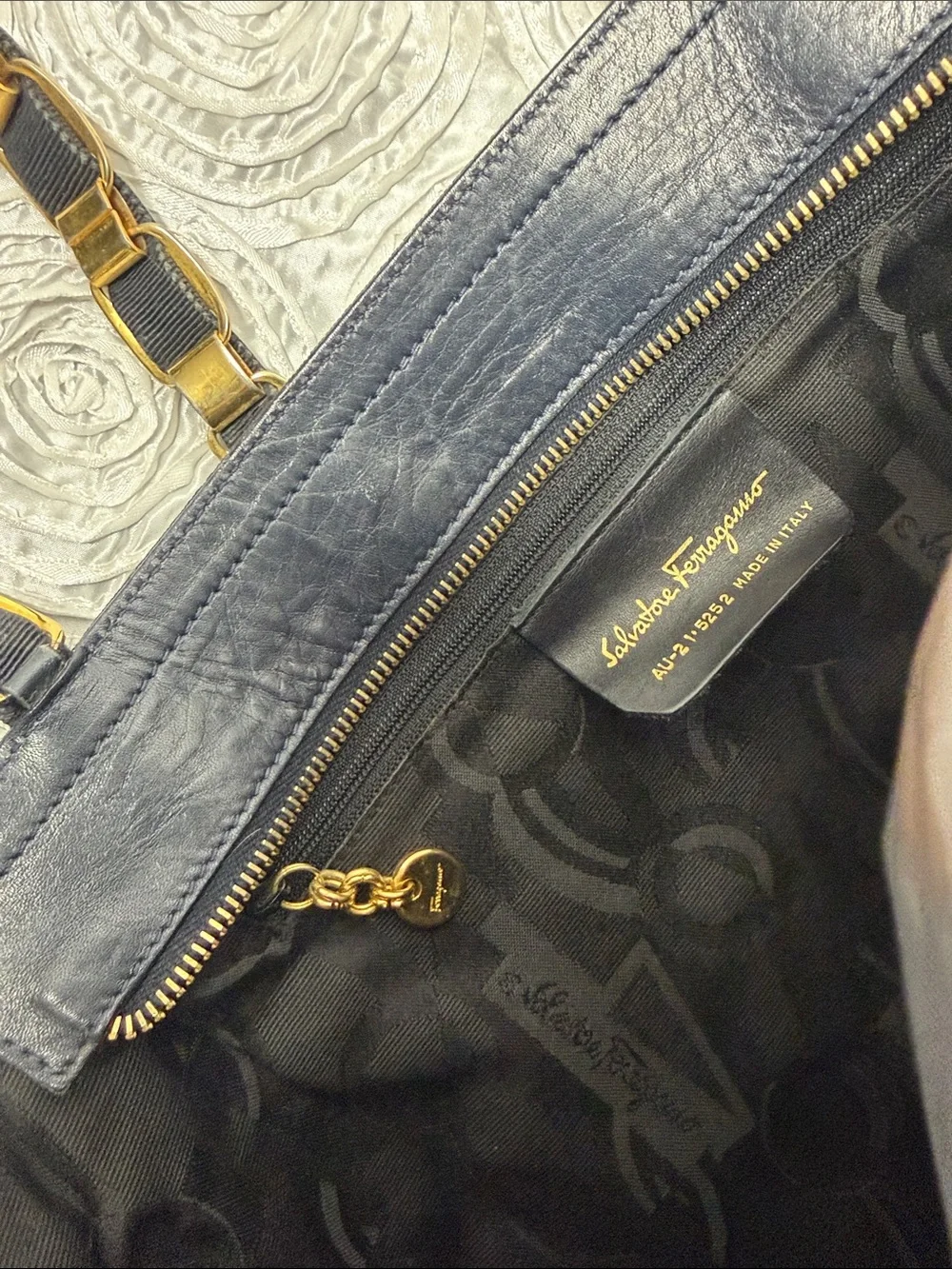 Salvatore Ferragamo Tiered Canvas & Leather Bag with Gold-tone Gancini Chain S